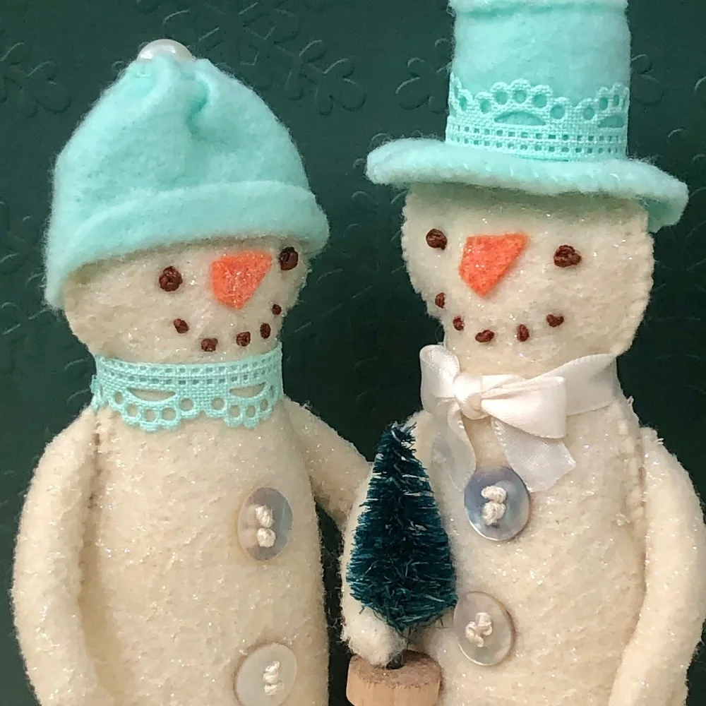 Snowman Art Doll Felt Coastal hand-sewn aqua hat handmade
